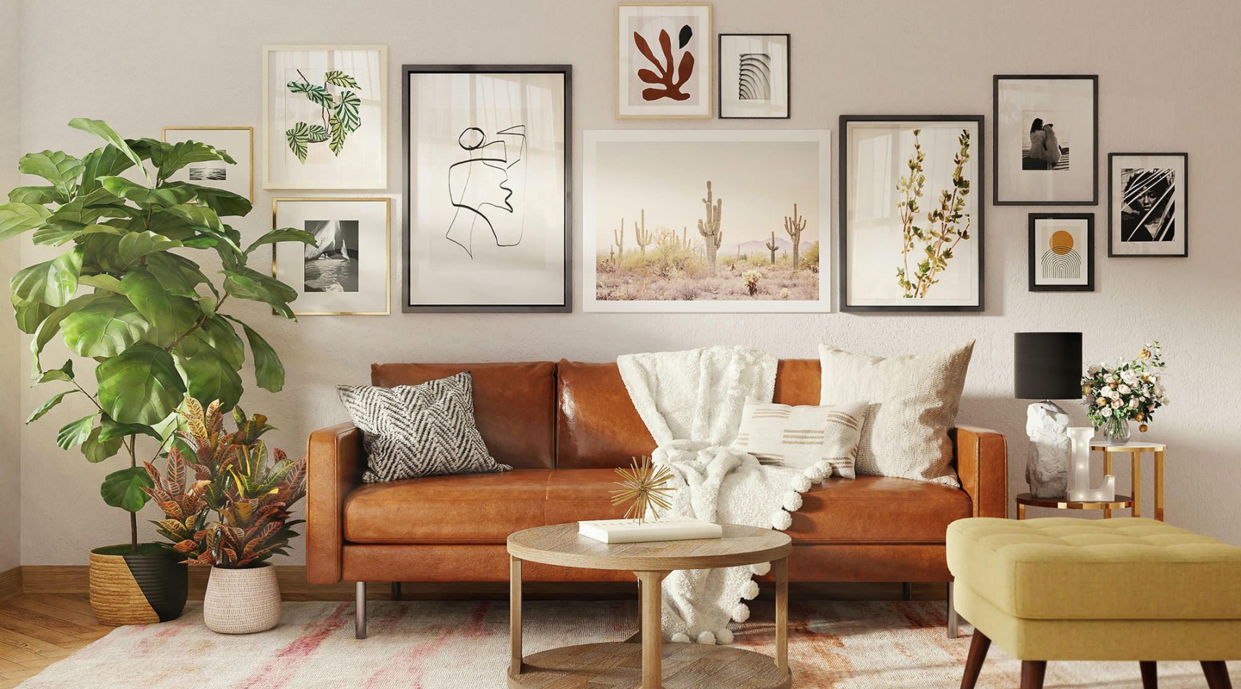 living room with couch art on the wall and a plant